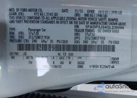 2016 Ford Focus Titanium z USA, uszkodzony, nr VIN 1FADP3J24GL236096